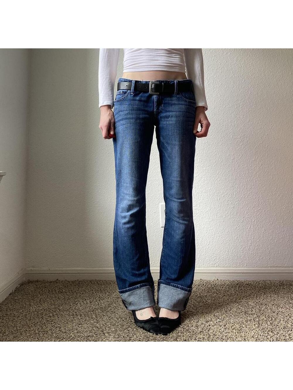 Vintage y2k low rise bootcut dark wash long baggy minimalist denim blue jeans